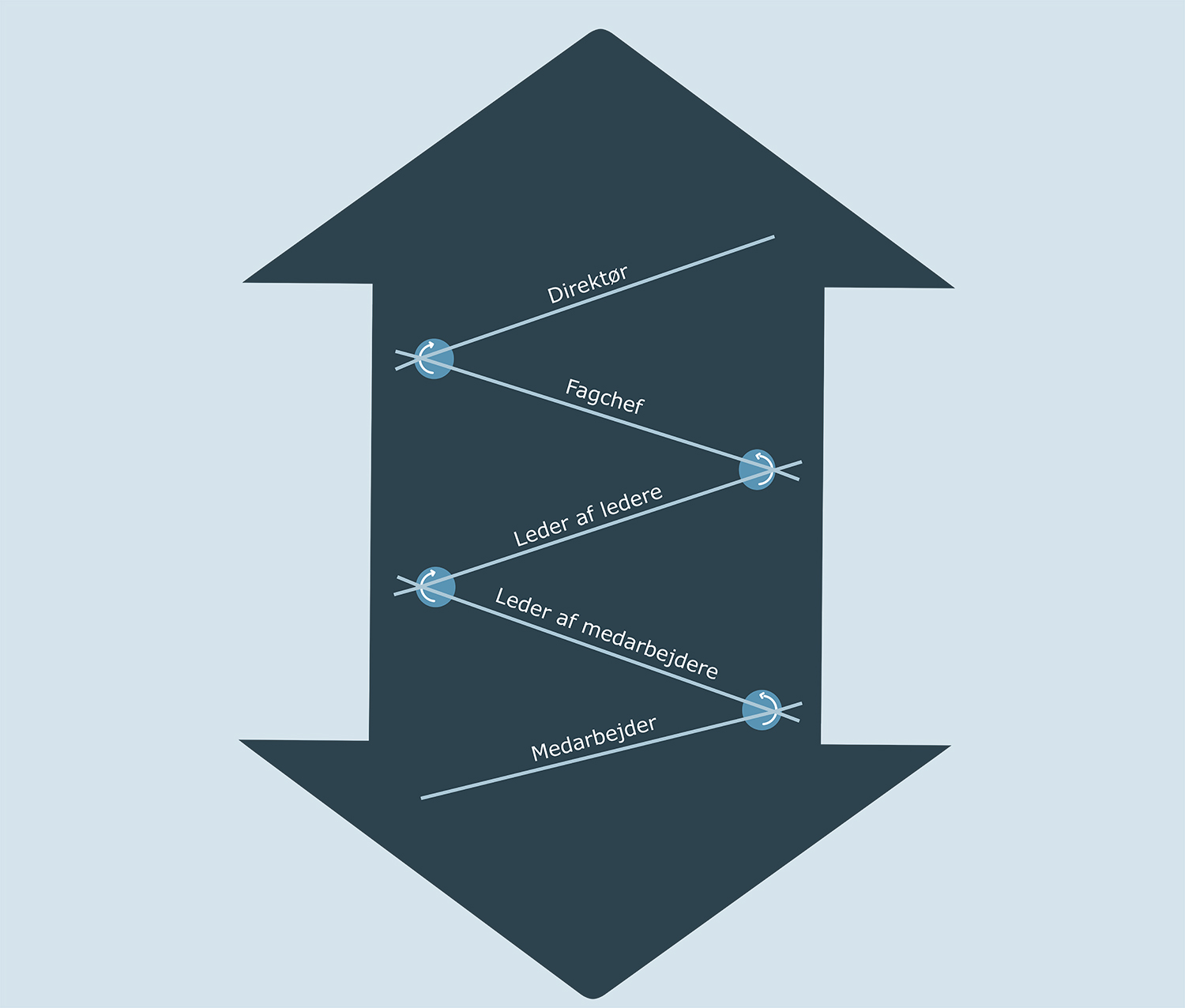 Oversigt over lederniveau udvikling fra medarbejder til leder af medarbejdere til leder af ledere til fagchef til direktion.